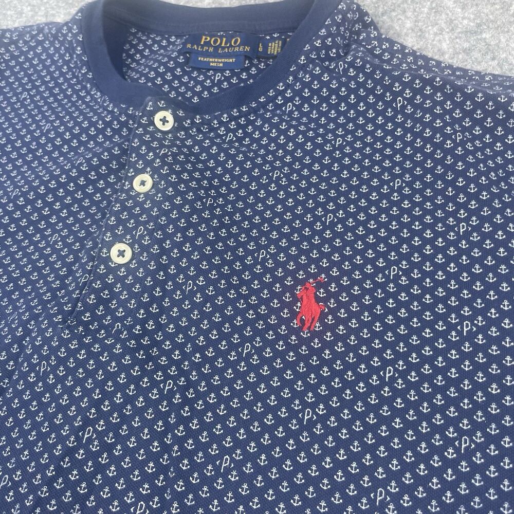 Polo Ralph Lauren Featherweight Mesh Henley Shirt L Blue Navy Anchor‎ P Nautical